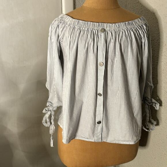 LaBanga Tops - LaBanga Boat Neck Striped Blue/White Top L Tie Sleeves Nautical Preppy Casual